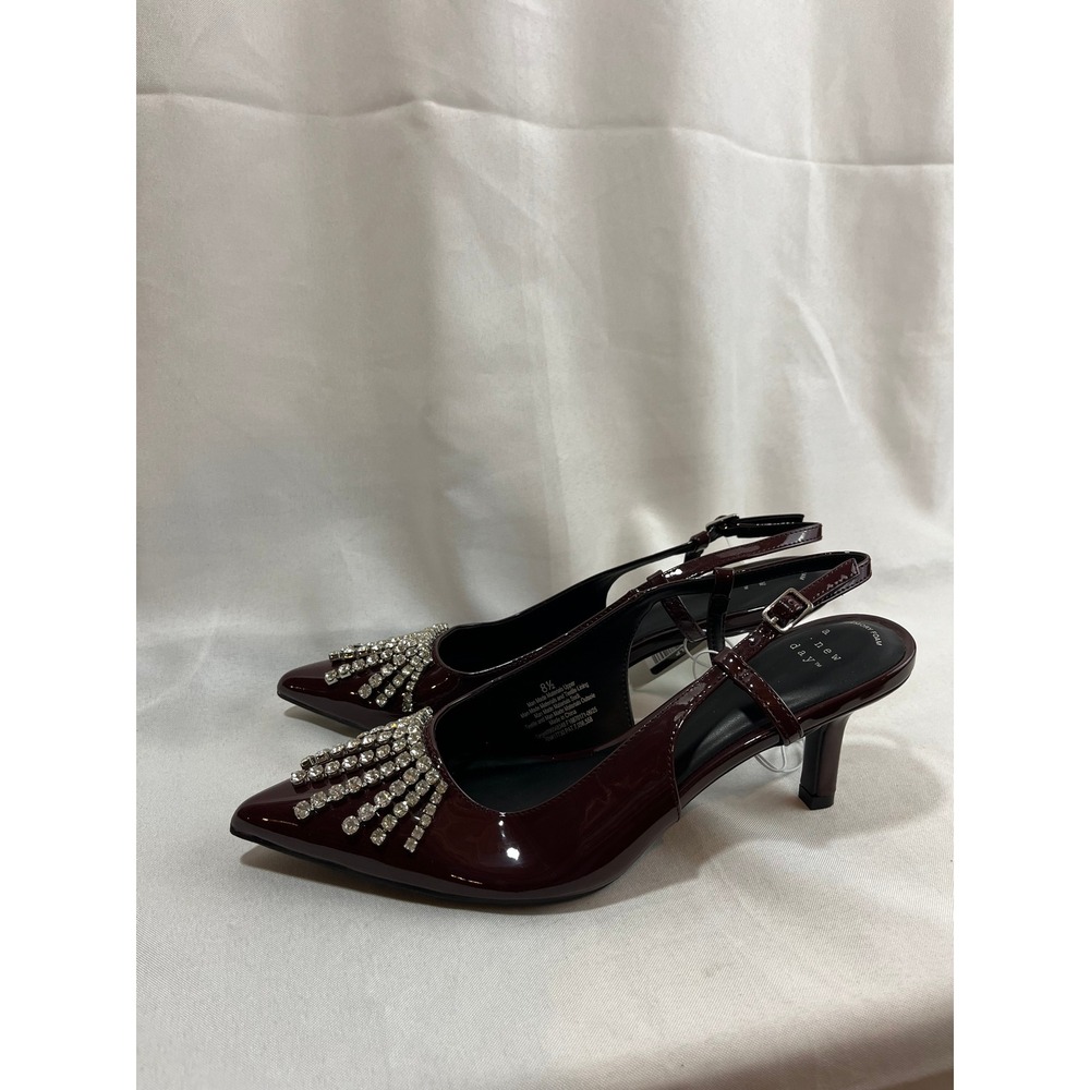A New Day Womens Burgundy Patent Rhinestone Slingback Pumps Heels Wine Red 8.5